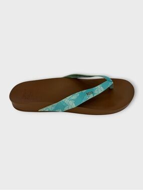 Reef Brown Flip Flops with Teal Leaf-Print Straps Cushion Court Size 7 Nice!